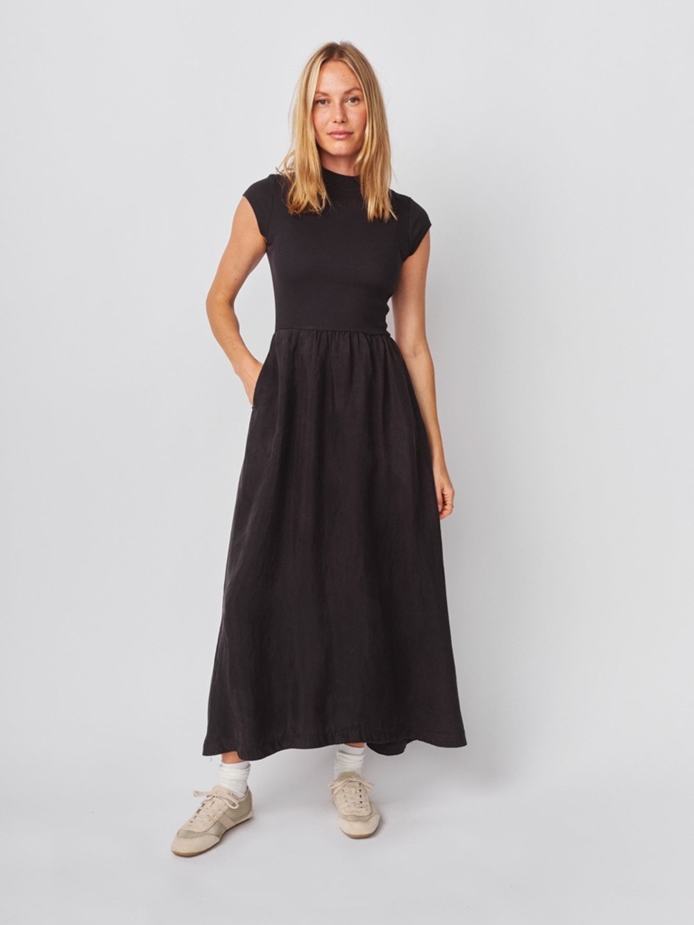 Sundry Cap Sleeve Mixed Rib / Cupro Maxi Dress in Washed Black